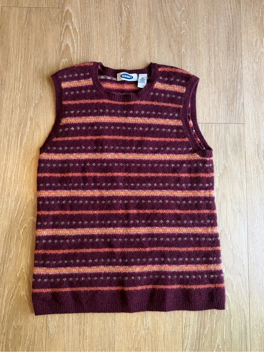 Vintage Old Navy 100% Wool Maroon Striped Fair Isle Knit Tank